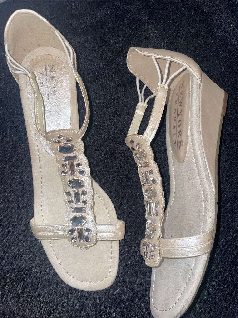 New York Transit Tan Jeweled T-Strap Wedge Sandals